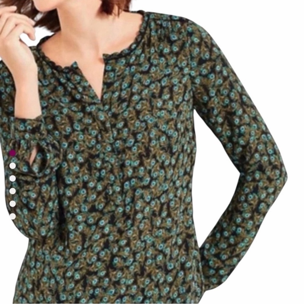 Talbots Long Sleeve Peacock Printed Blouse Size M